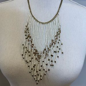 Gold and White Beaded Hippy Necklace